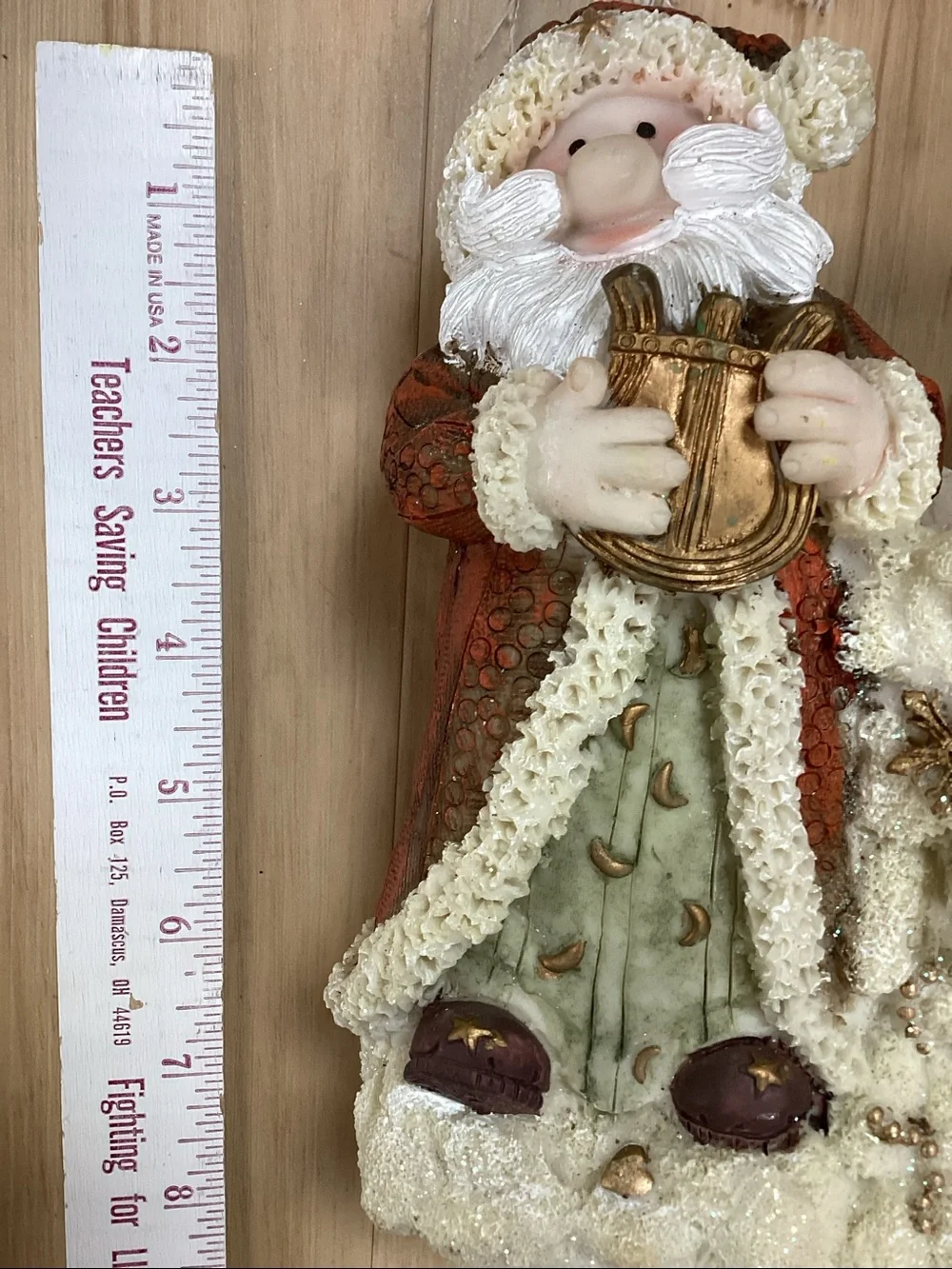 Celestial Musical Santa Holiday Basketweave Resin Planter Gold Harp Trumpet